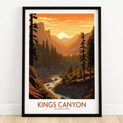 Kings Canyon National Park art print with sunset, river, and pine trees in black frame on wood floor
