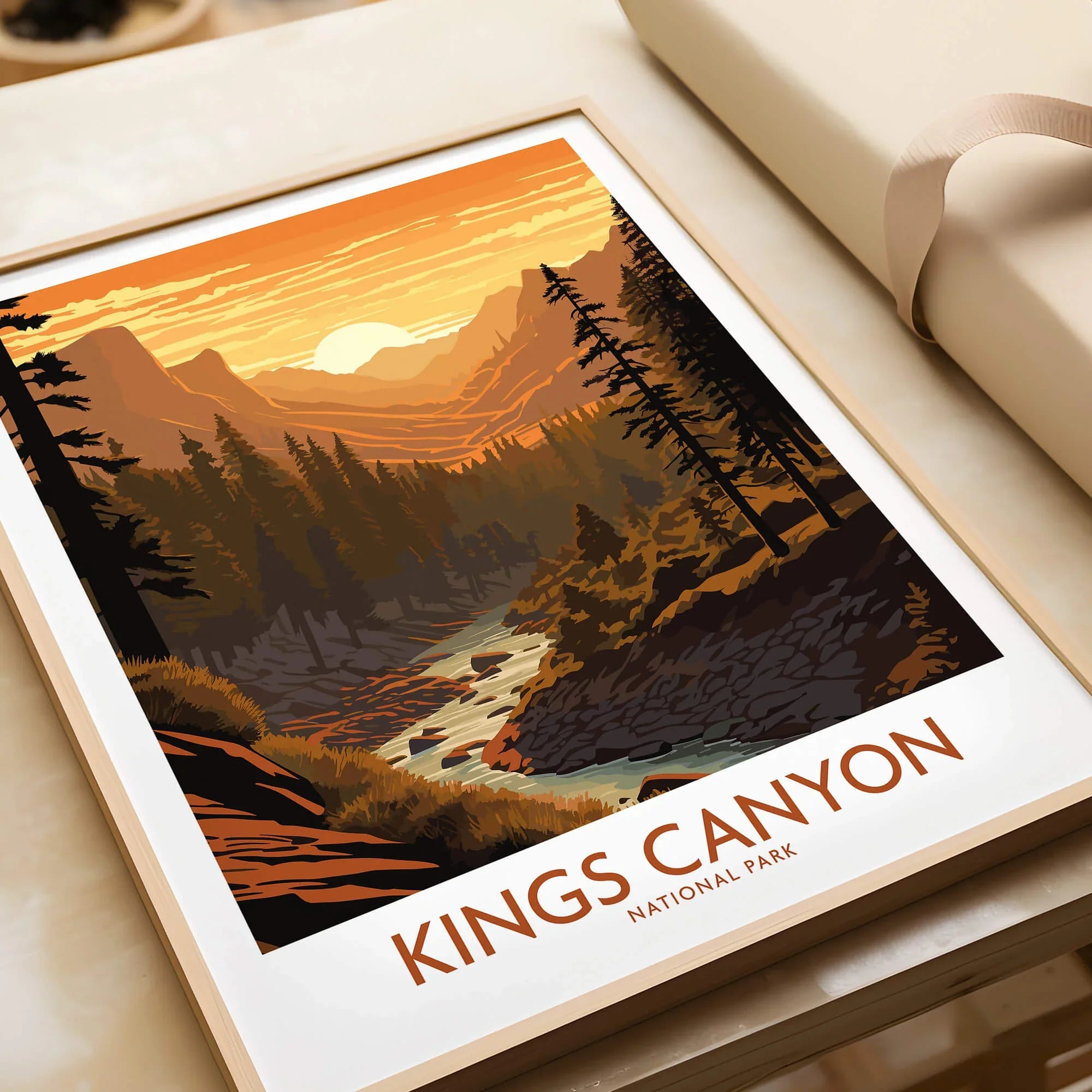 Kings Canyon National Park art print in natural wood frame, sunset forest landscape, unwrapped gift