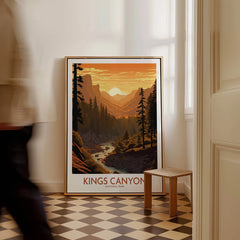 Kings Canyon National Park travel poster framed on floor in sunlit hallway, man walking past