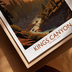 Kings Canyon National Park travel poster close-up with scenic landscape in wooden floating frame