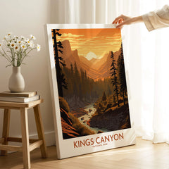 Kings Canyon National Park canvas wall art print with sunset landscape, held in sunlit room