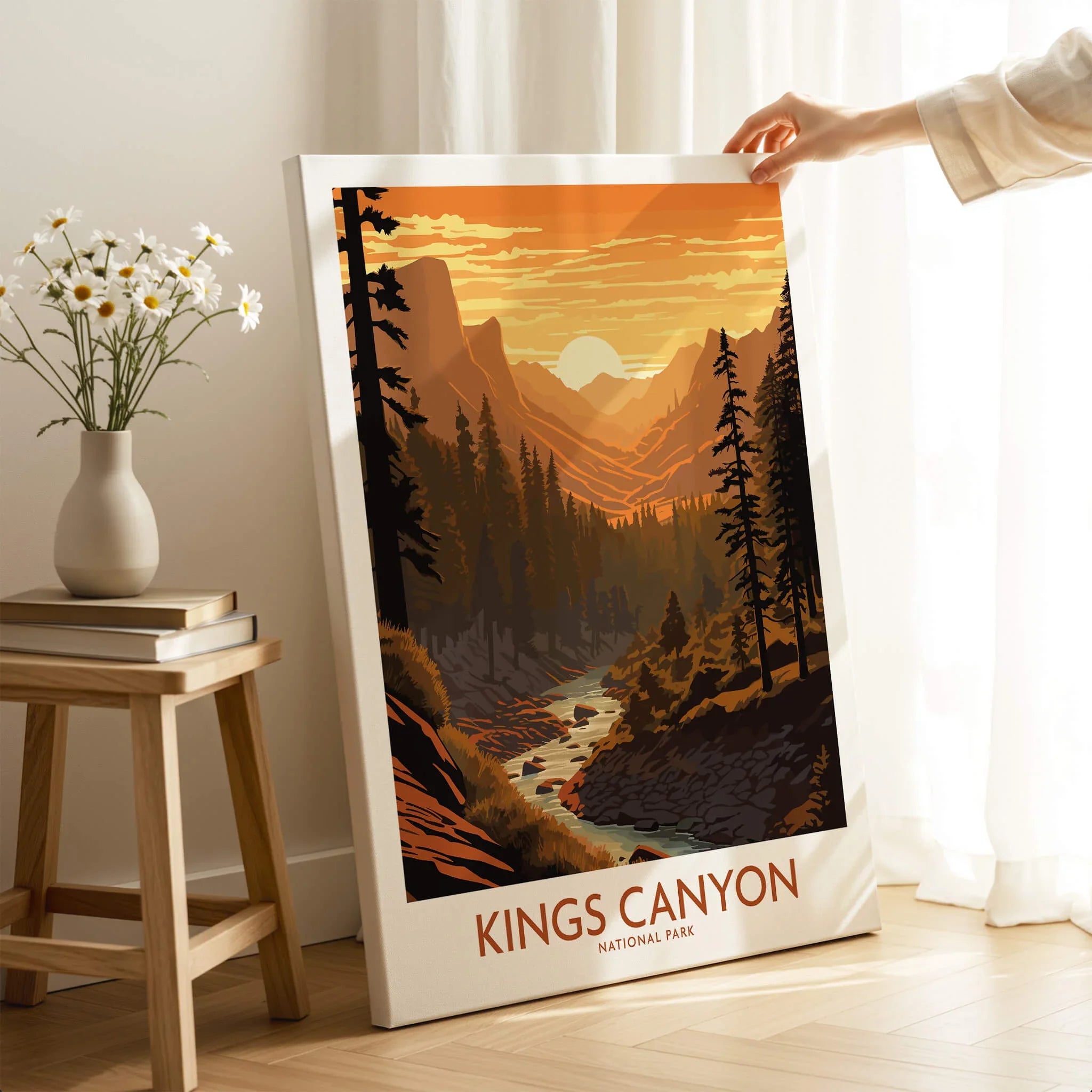 Kings Canyon National Park canvas wall art print with sunset landscape, held in sunlit room