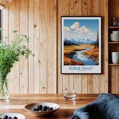 Kobuk Valley National Park art print in black frame on wood wall, kitchen table setting