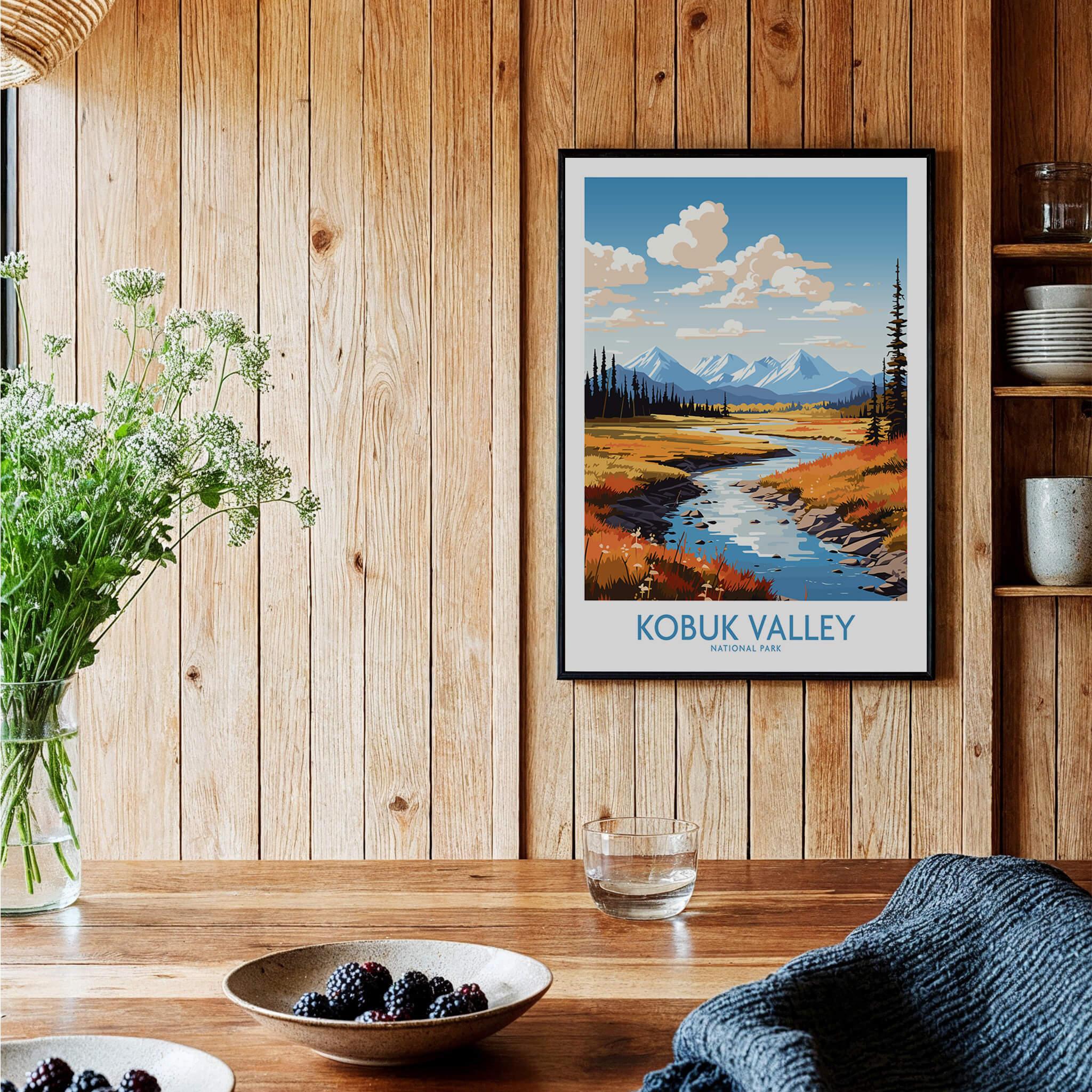 Kobuk Valley National Park art print in black frame on wood wall, kitchen table setting