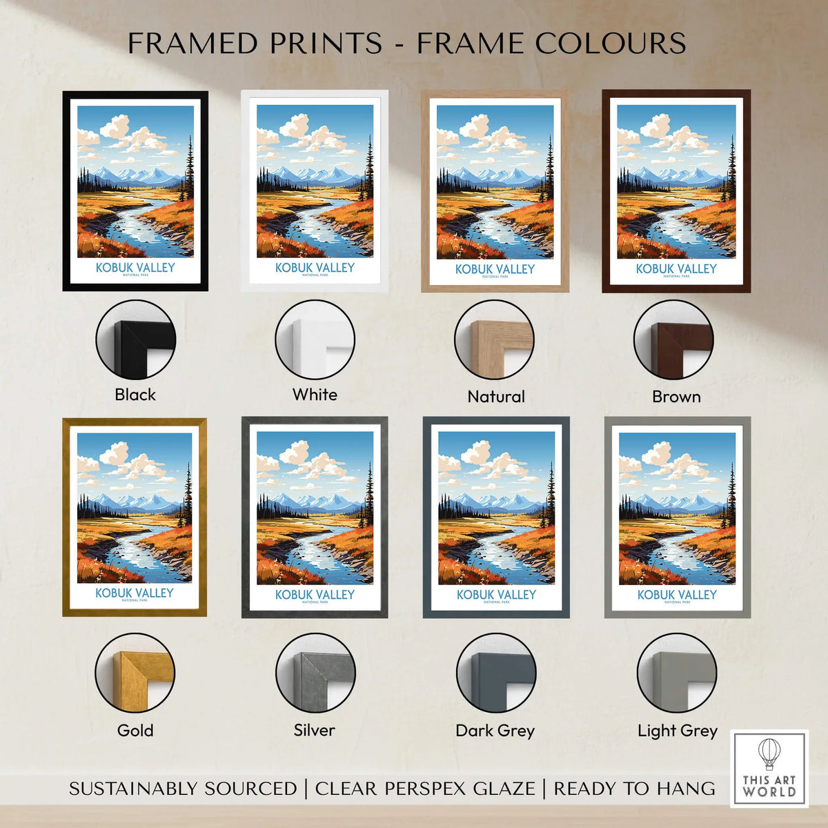 Kobuk Valley National Park art print with various frame color options, landscape wall art.
