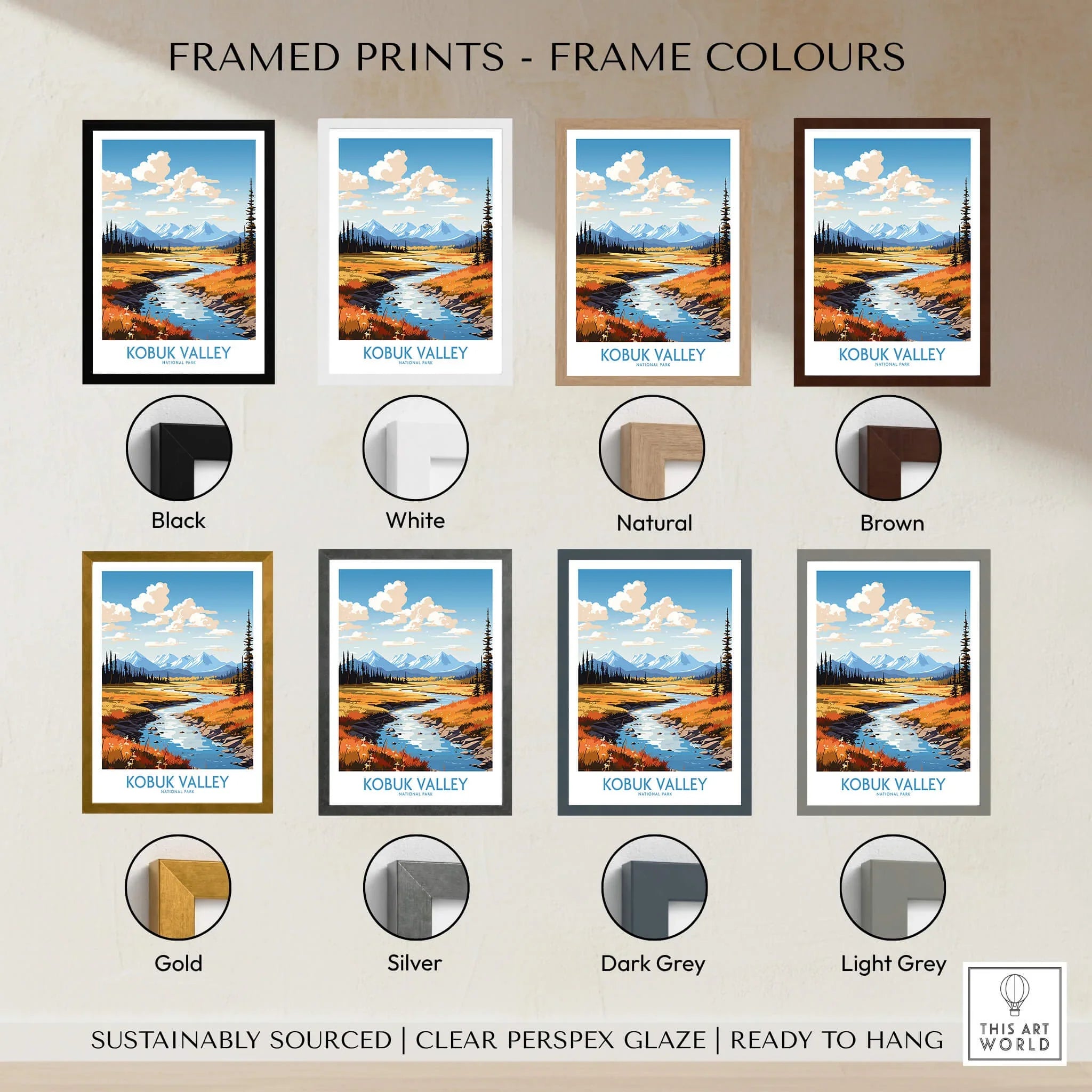 Kobuk Valley National Park art print with various frame color options, landscape wall art.