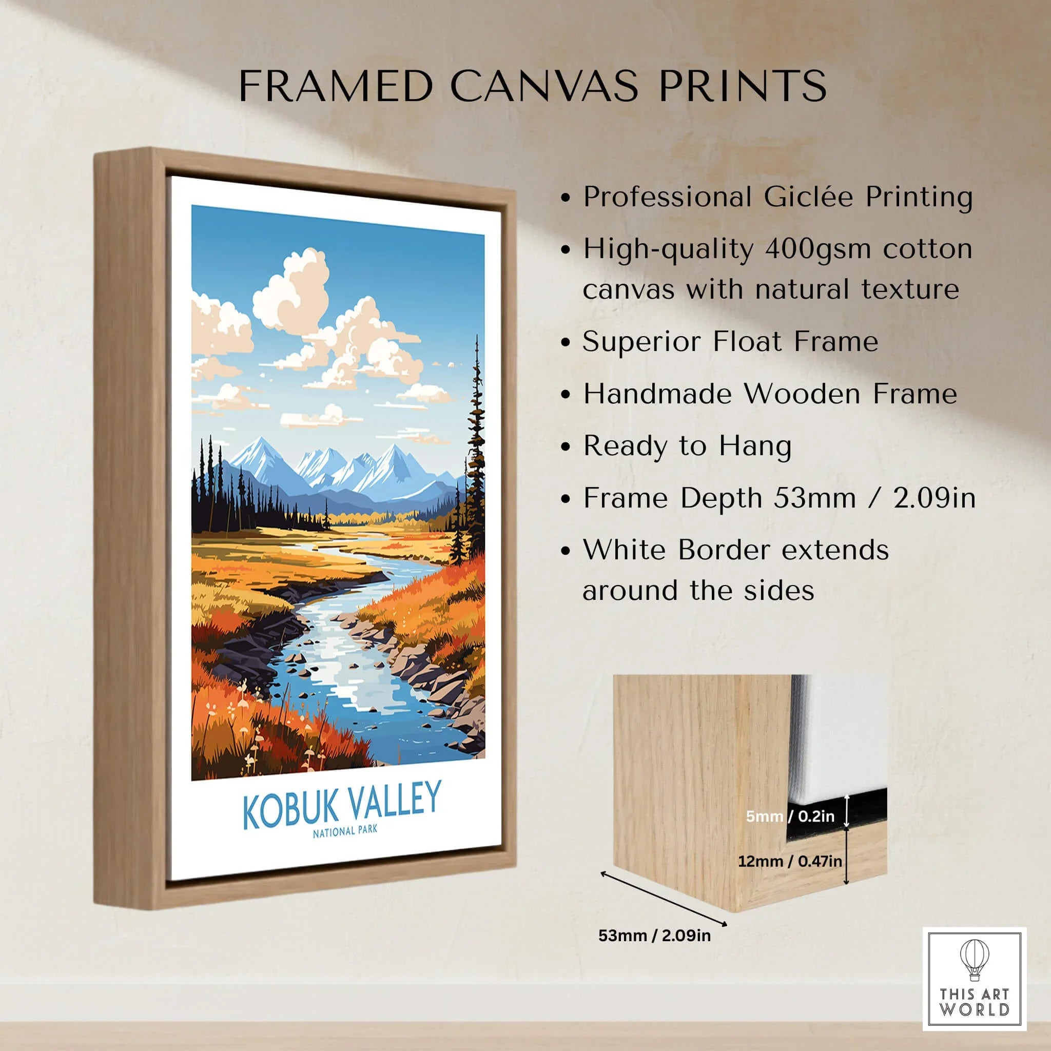 Kobuk Valley National Park travel poster framed canvas print with float wooden frame, mountain landscape art