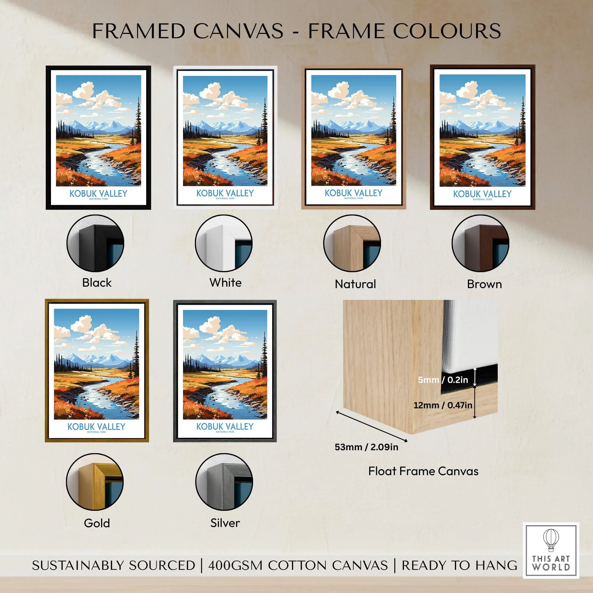 Kobuk Valley landscape art print in six frame color options: black, white, natural, brown, gold, silver.