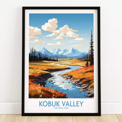Kobuk Valley National Park art print with river, mountains, and colorful landscape in black frame