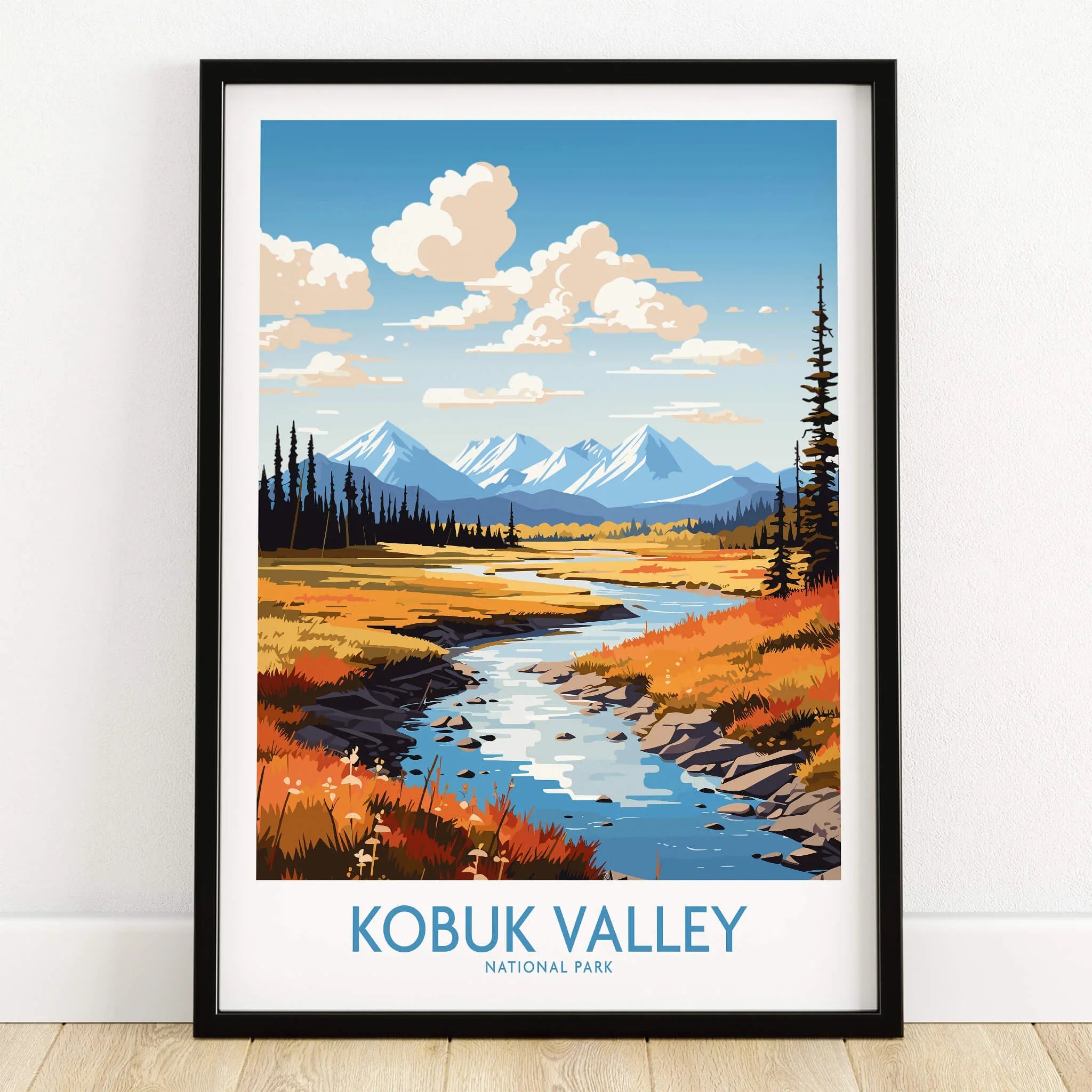 Kobuk Valley National Park art print with river, mountains, and colorful landscape in black frame
