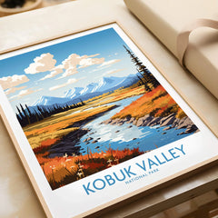 Kobuk Valley National Park art print with mountains, river, and autumn landscape in a natural frame.