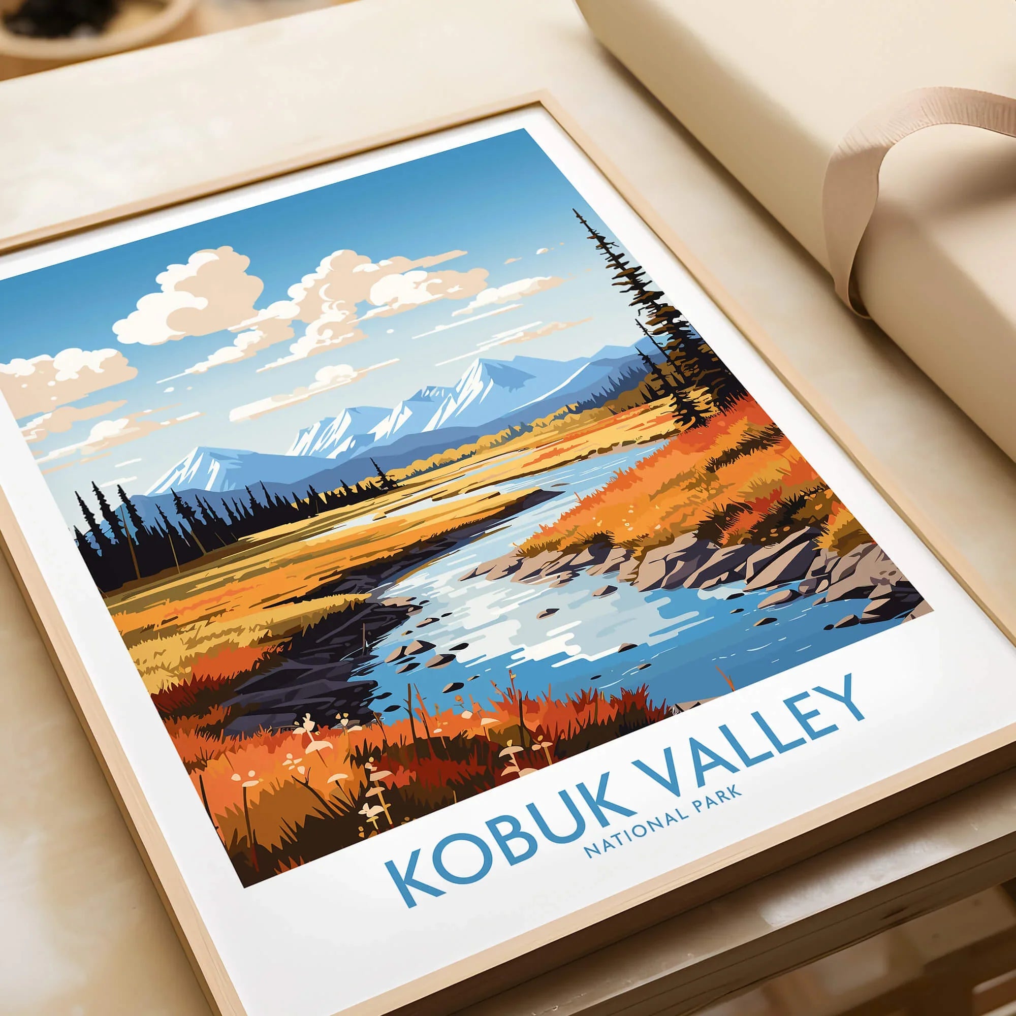 Kobuk Valley National Park art print with mountains, river, and autumn landscape in a natural frame.