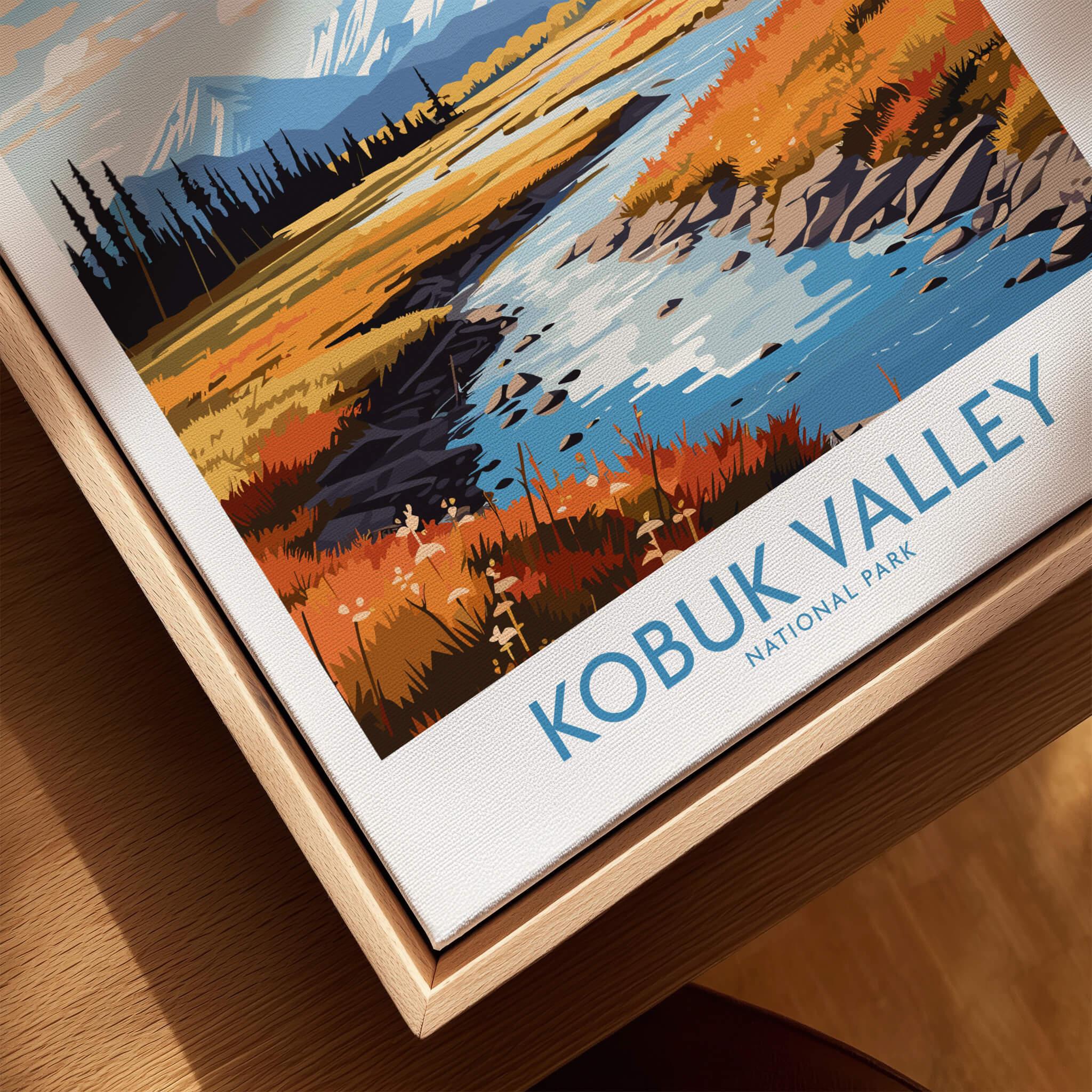 Closeup of framed Kobuk Valley National Park wall art print with river and mountain landscape