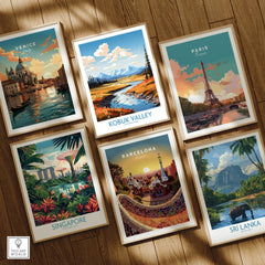 Set of six framed travel posters featuring Venice, Kobuk Valley, Paris, Singapore, Barcelona, and Sri Lanka on a wooden floor.