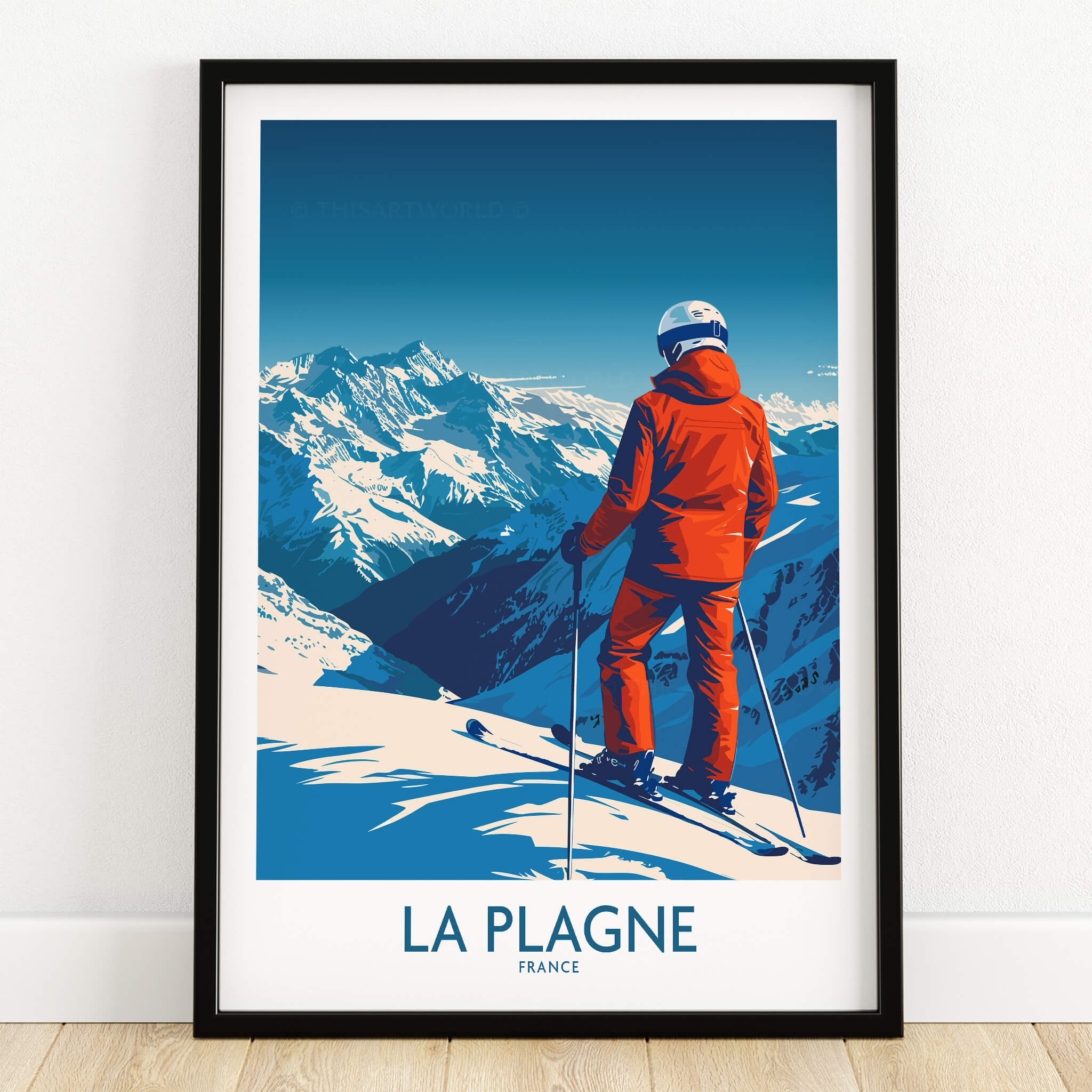 La Plagne Print featuring a skier in the French Alps with stunning mountain views.