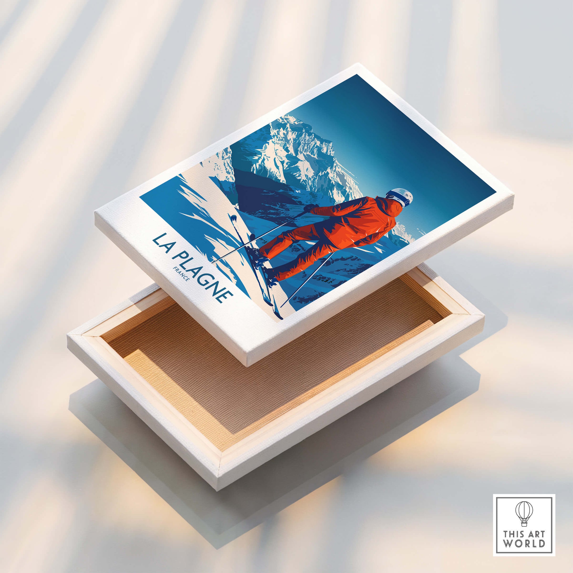 La Plagne Print ski poster in a decorative box showcasing the French Alps scenery.