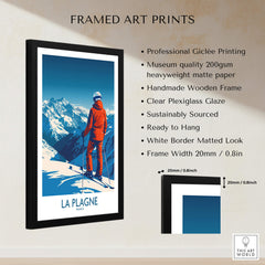 Framed La Plagne Print featuring a skier against a mountain backdrop, ideal for ski enthusiasts and art lovers.