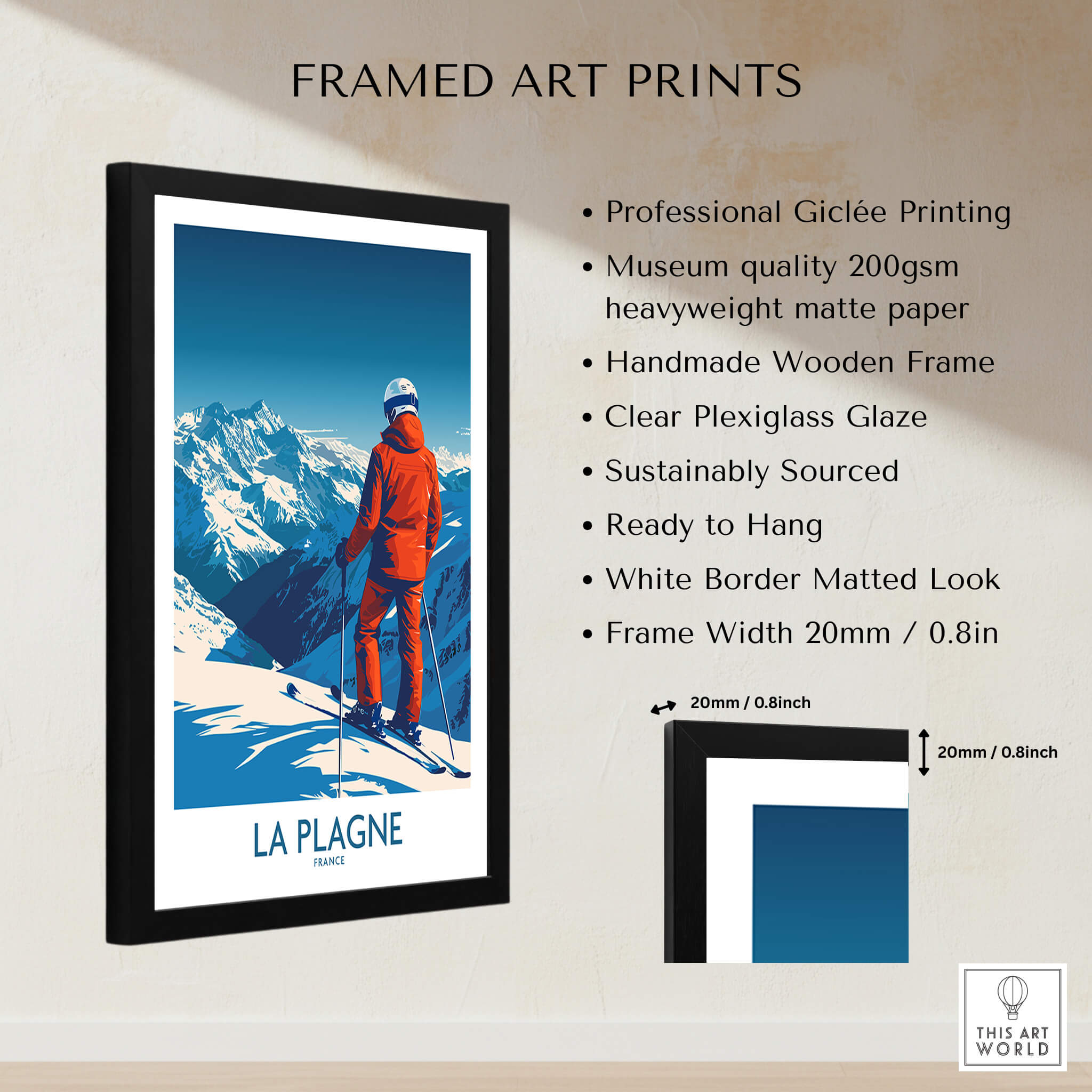 Framed La Plagne Print featuring a skier against a mountain backdrop, ideal for ski enthusiasts and art lovers.