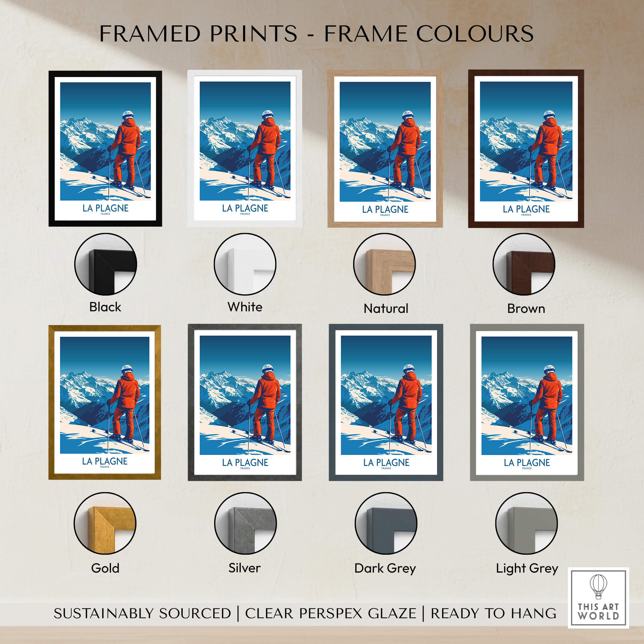 Framed La Plagne Print options in various colors including Black, White, Natural, Brown, Gold, Silver, Dark Grey, and Light Grey.