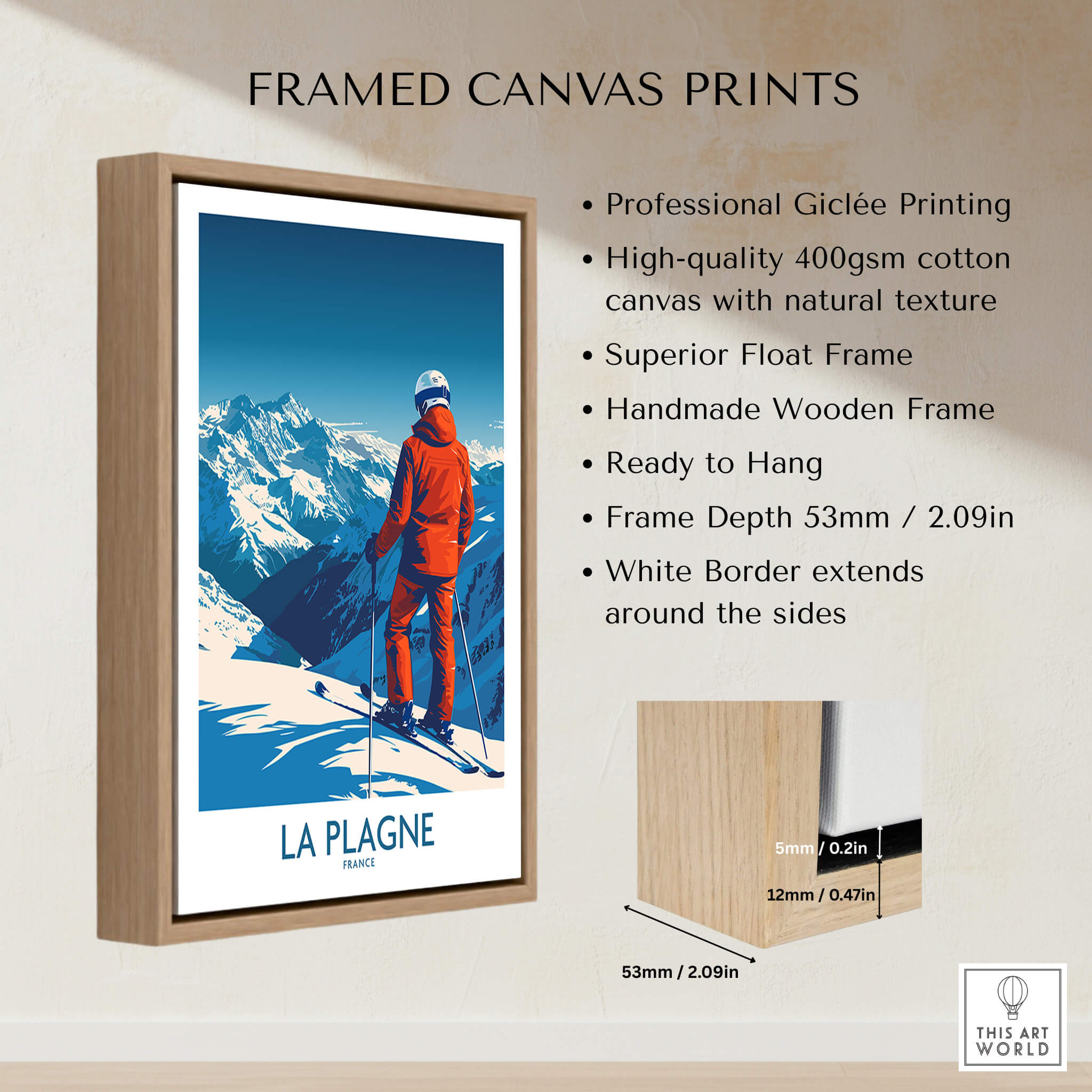 Framed La Plagne Print showcasing a skier against a snowy mountain backdrop, perfect for ski enthusiasts.