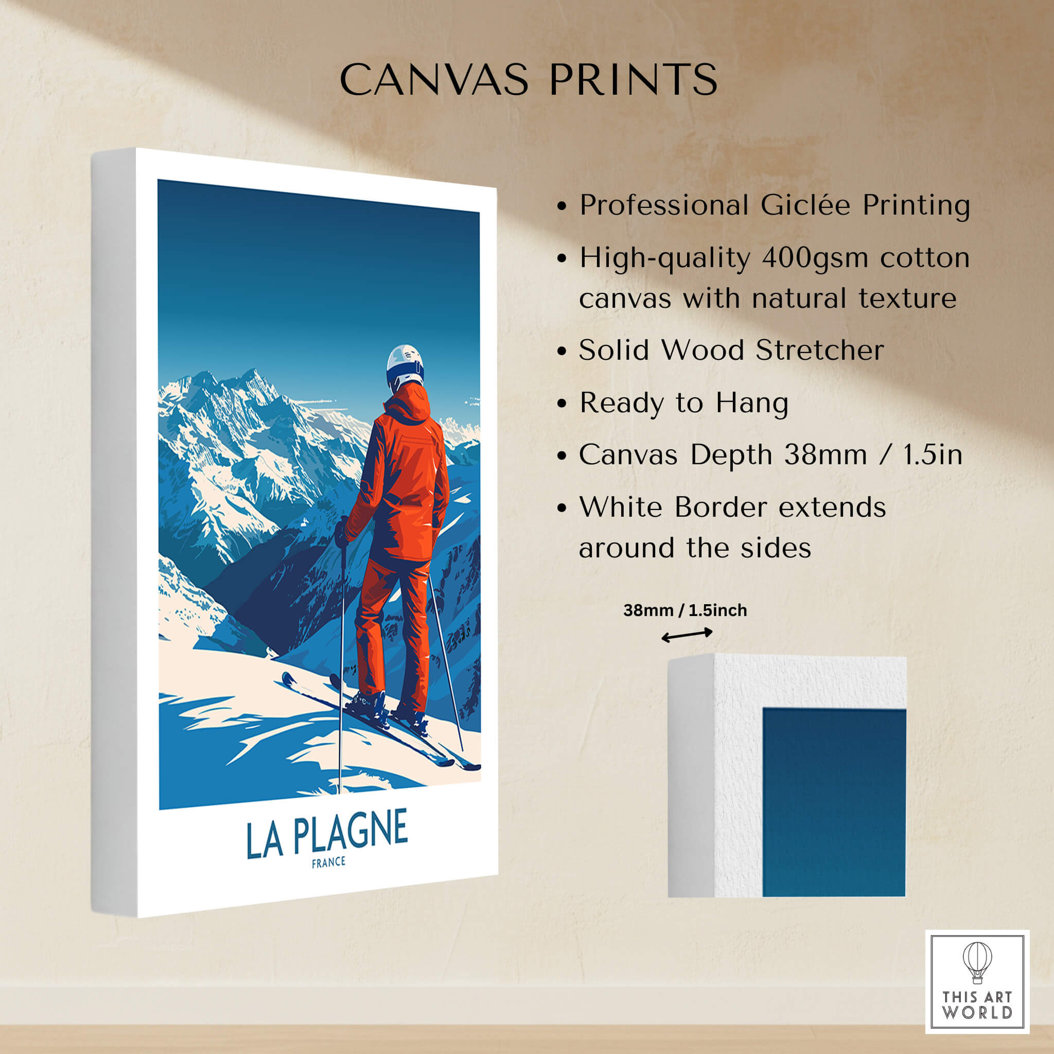 La Plagne Print showcasing professional Giclée printing on canvas with a skier in the French Alps.