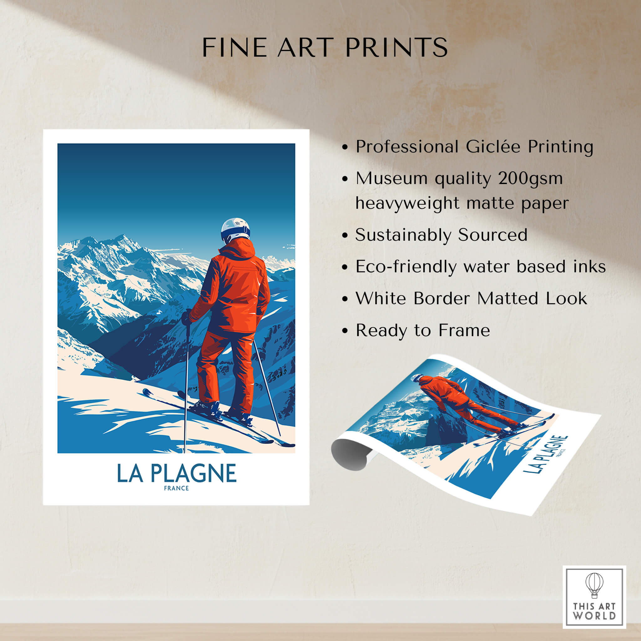 La Plagne Print featuring a skier in the French Alps with a stunning mountain backdrop.