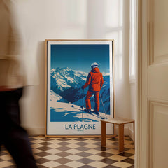 La Plagne Print featuring a skier overlooking the French Alps, perfect for ski enthusiasts.