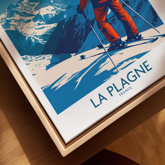 La Plagne Print ski poster featuring a skier in the French Alps, showcasing breathtaking mountain views.