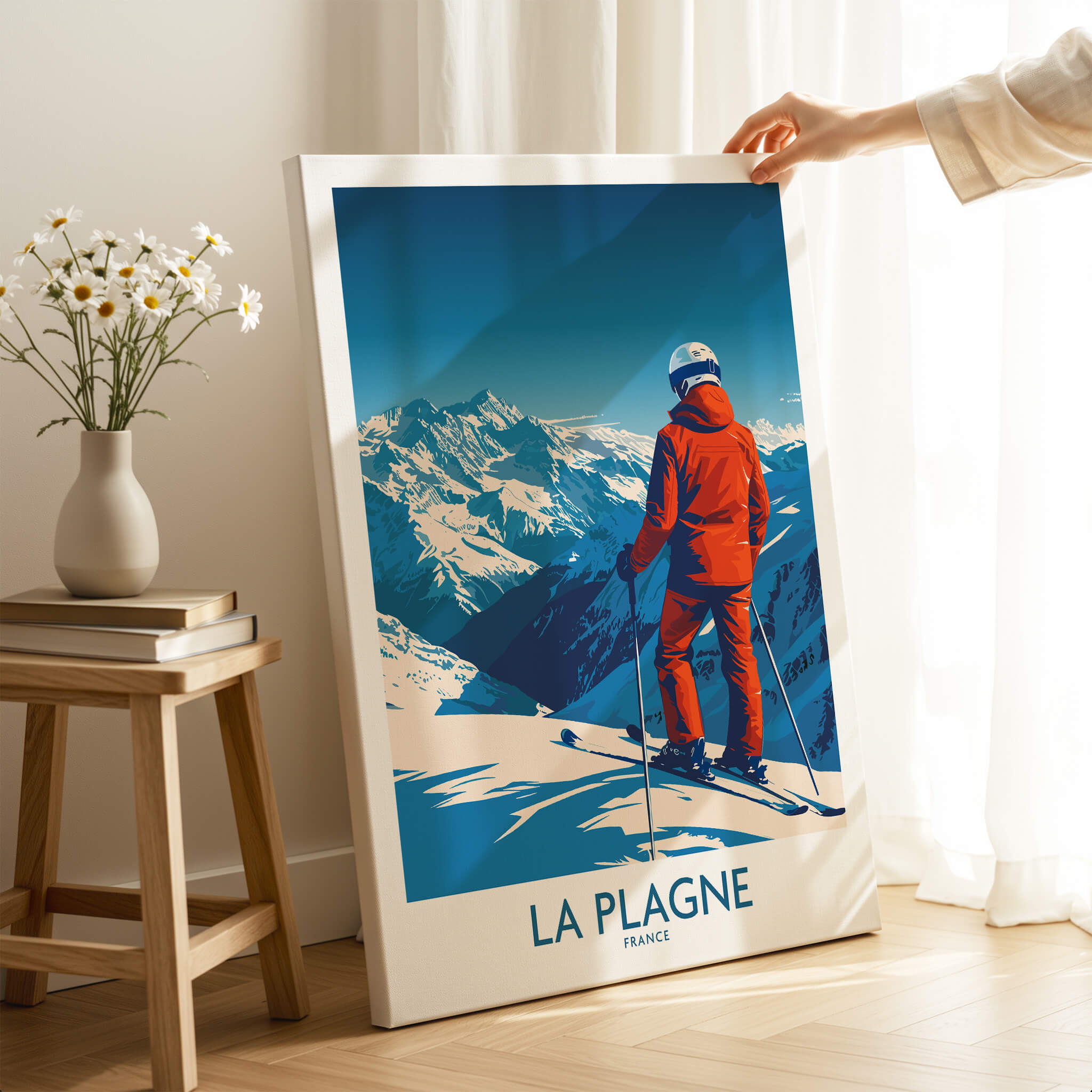 La Plagne Print showcasing a skier in the French Alps, perfect for ski enthusiasts and travel lovers.