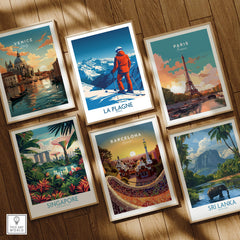 La Plagne Print featuring a skier against the backdrop of the French Alps, part of a stunning travel poster collection.
