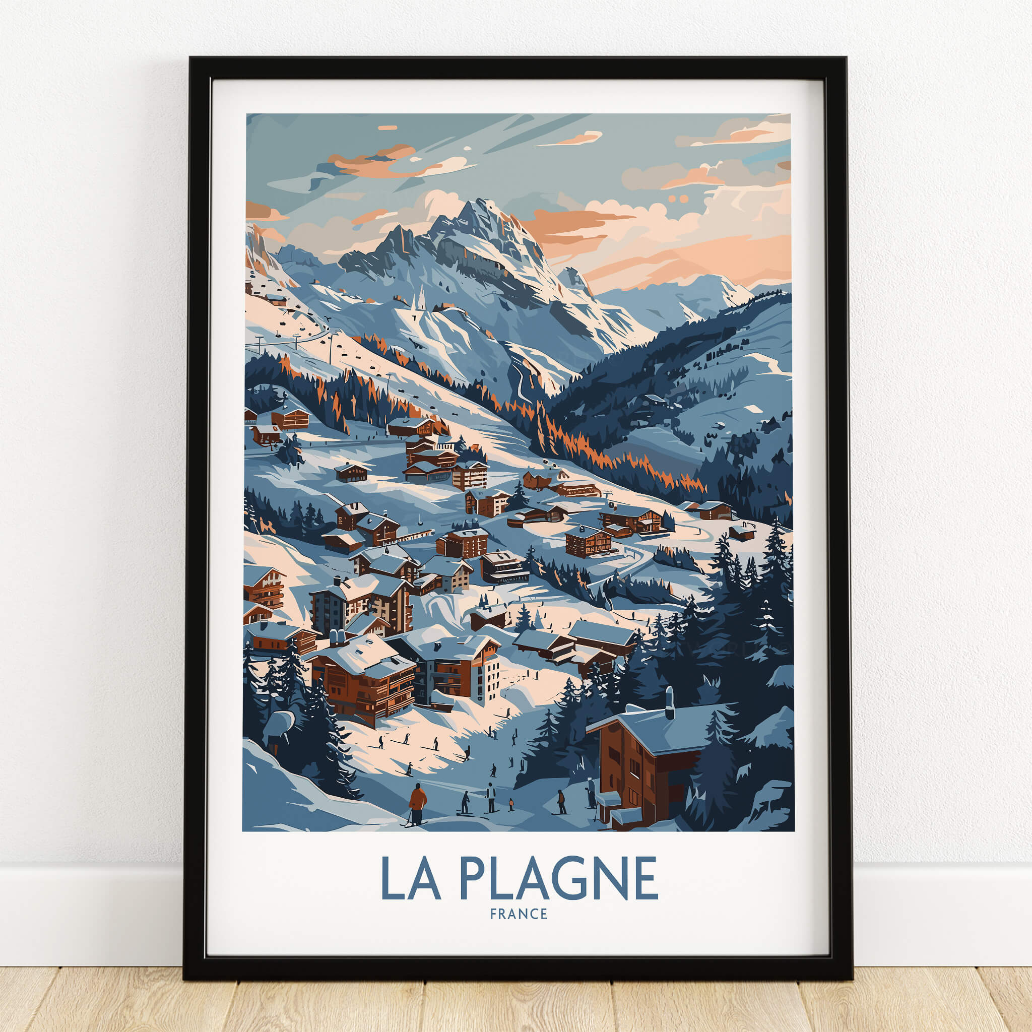 La Plagne Wall Art featuring a vibrant ski poster of La Plagne, France showcasing beautiful mountain scenery.