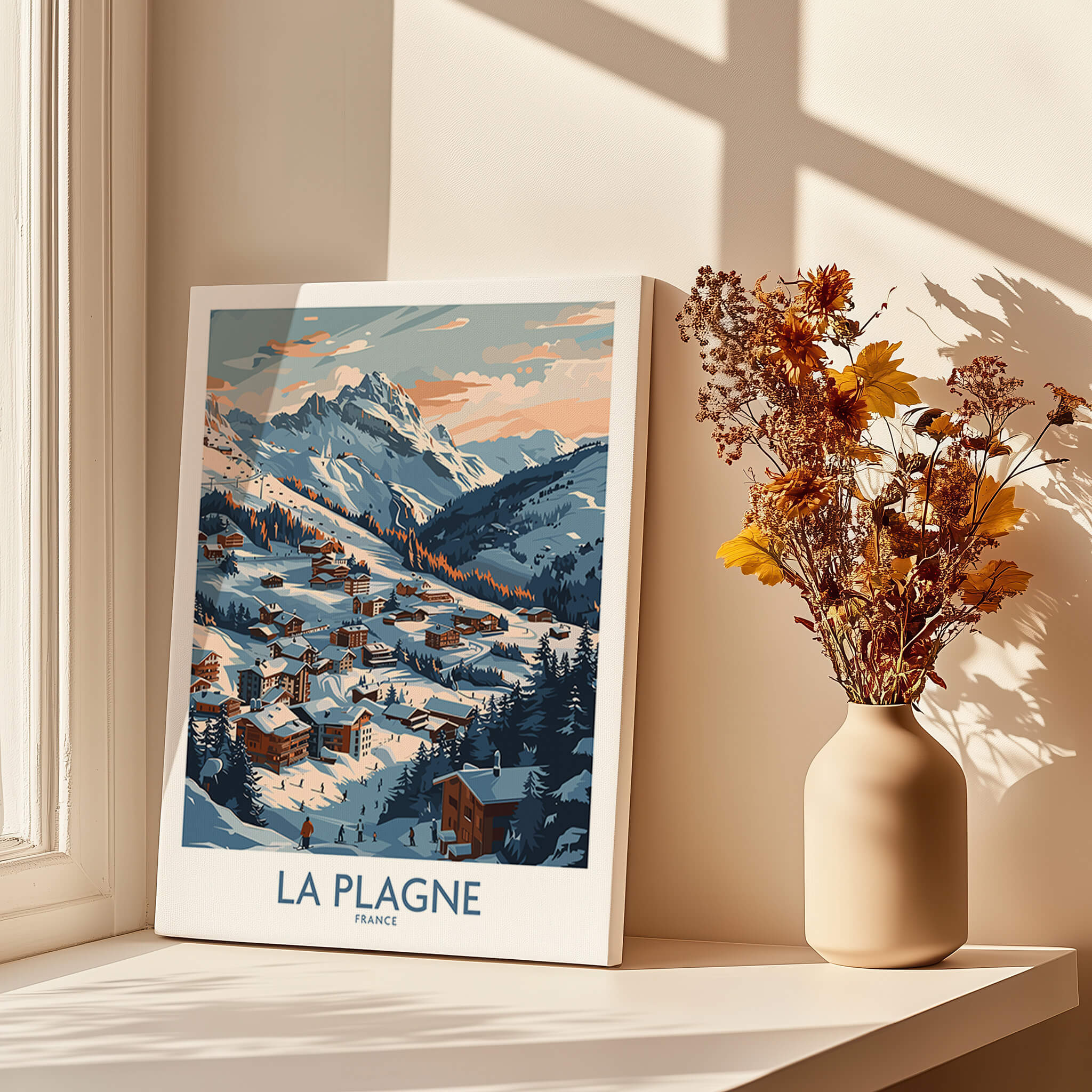 La Plagne Wall Art showcasing a scenic winter landscape with mountains and ski village in warm tones.