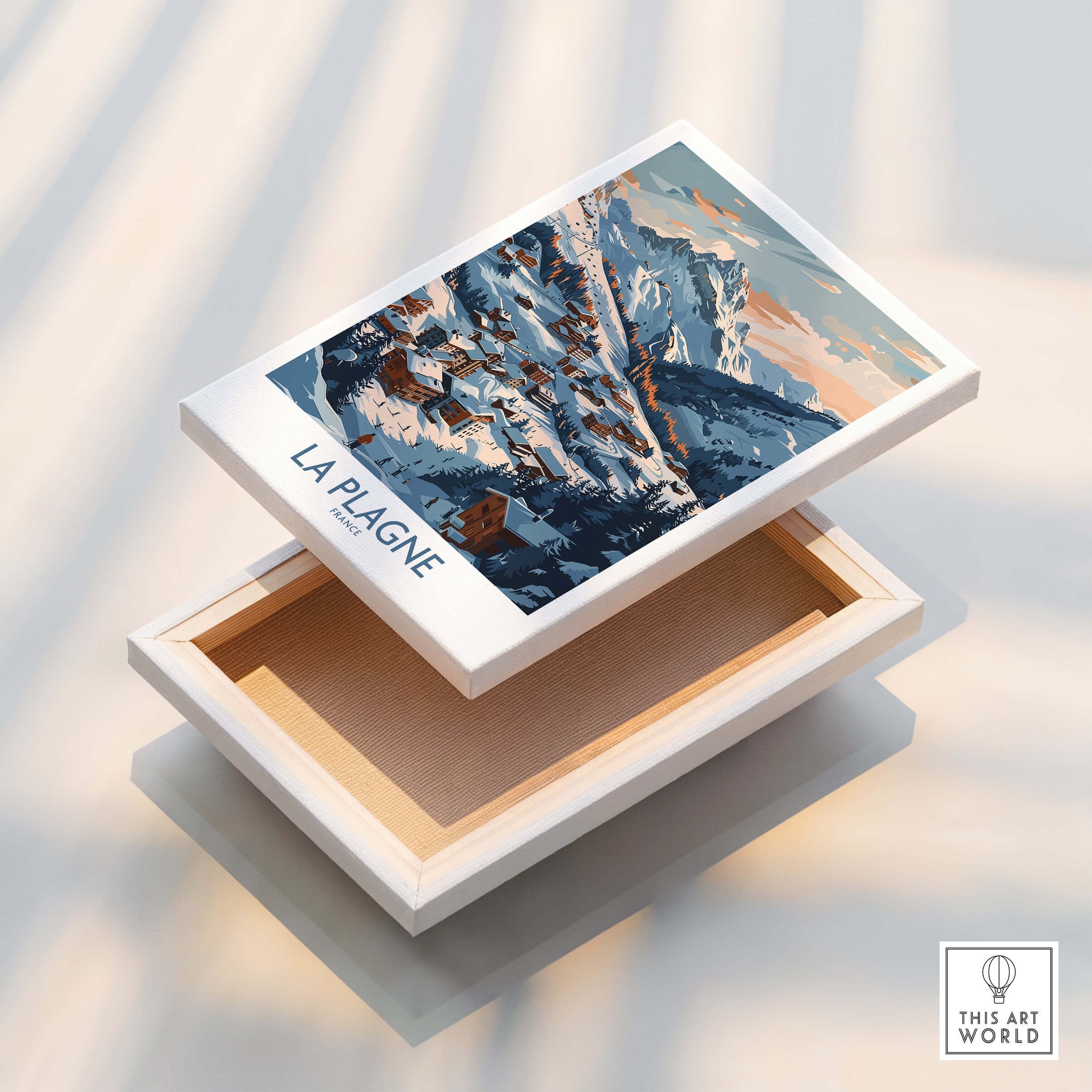 La Plagne Wall Art in a decorative box, showcasing a stunning ski-themed design that inspires adventure.
