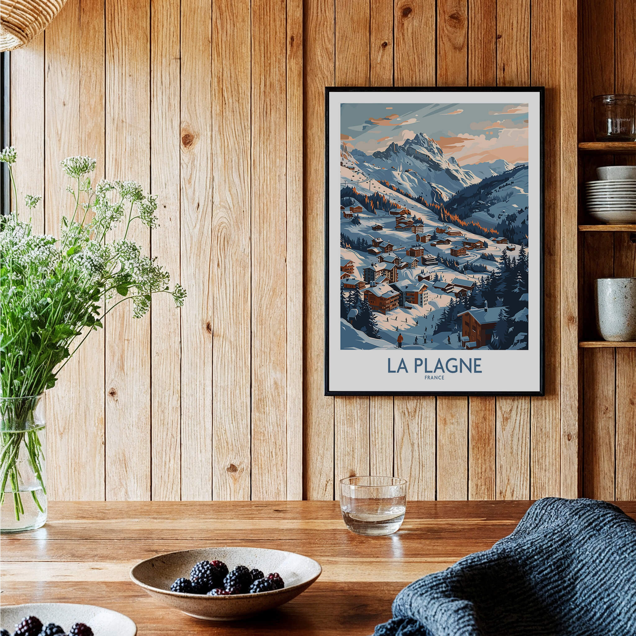 La Plagne Wall Art featuring a vibrant ski poster in a cozy home setting with wooden decor.