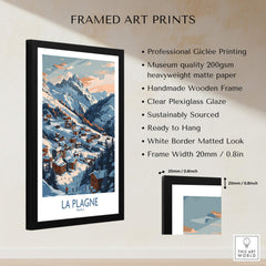 La Plagne Wall Art framed print showcasing a picturesque ski resort scene with mountains and village.