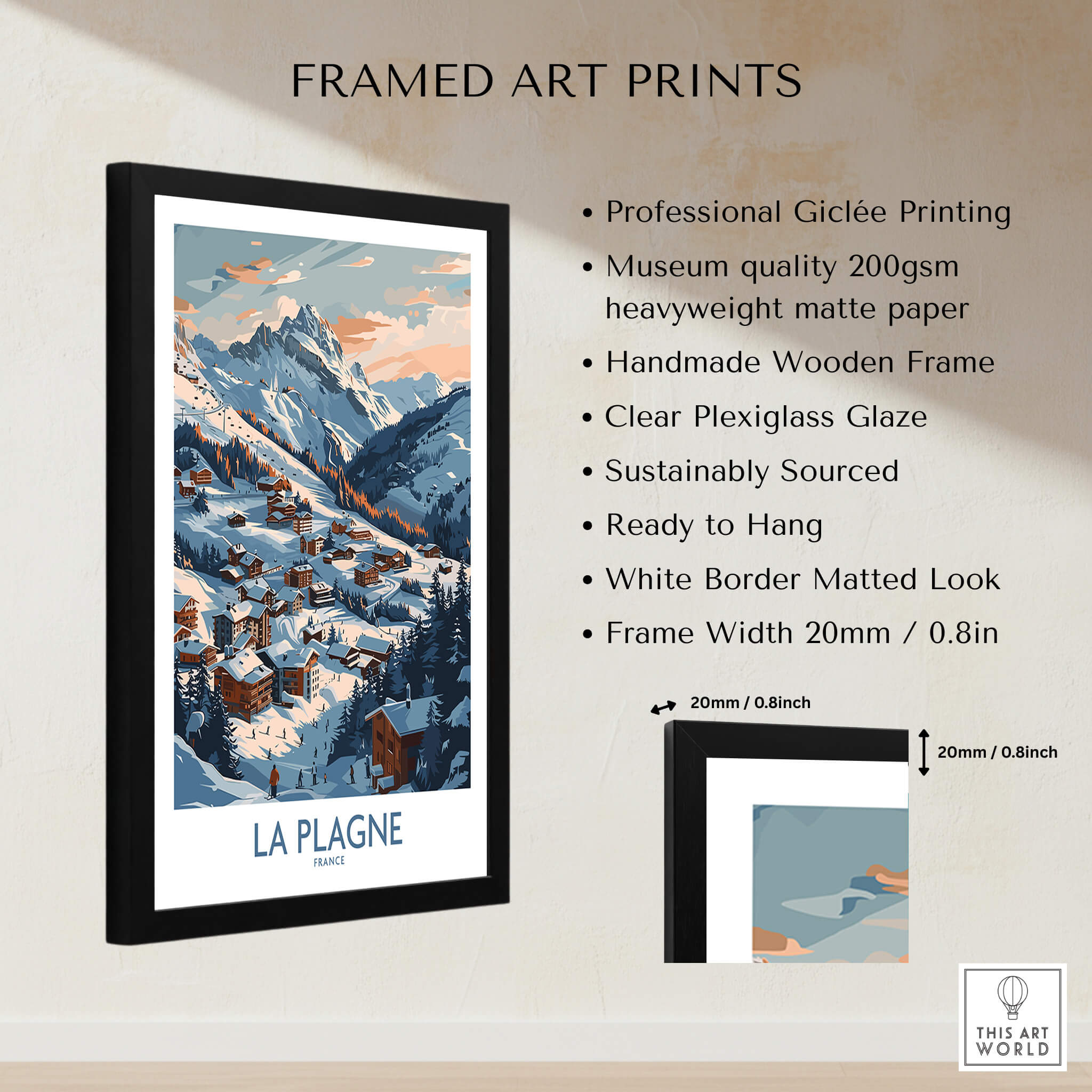 La Plagne Wall Art framed print showcasing a picturesque ski resort scene with mountains and village.