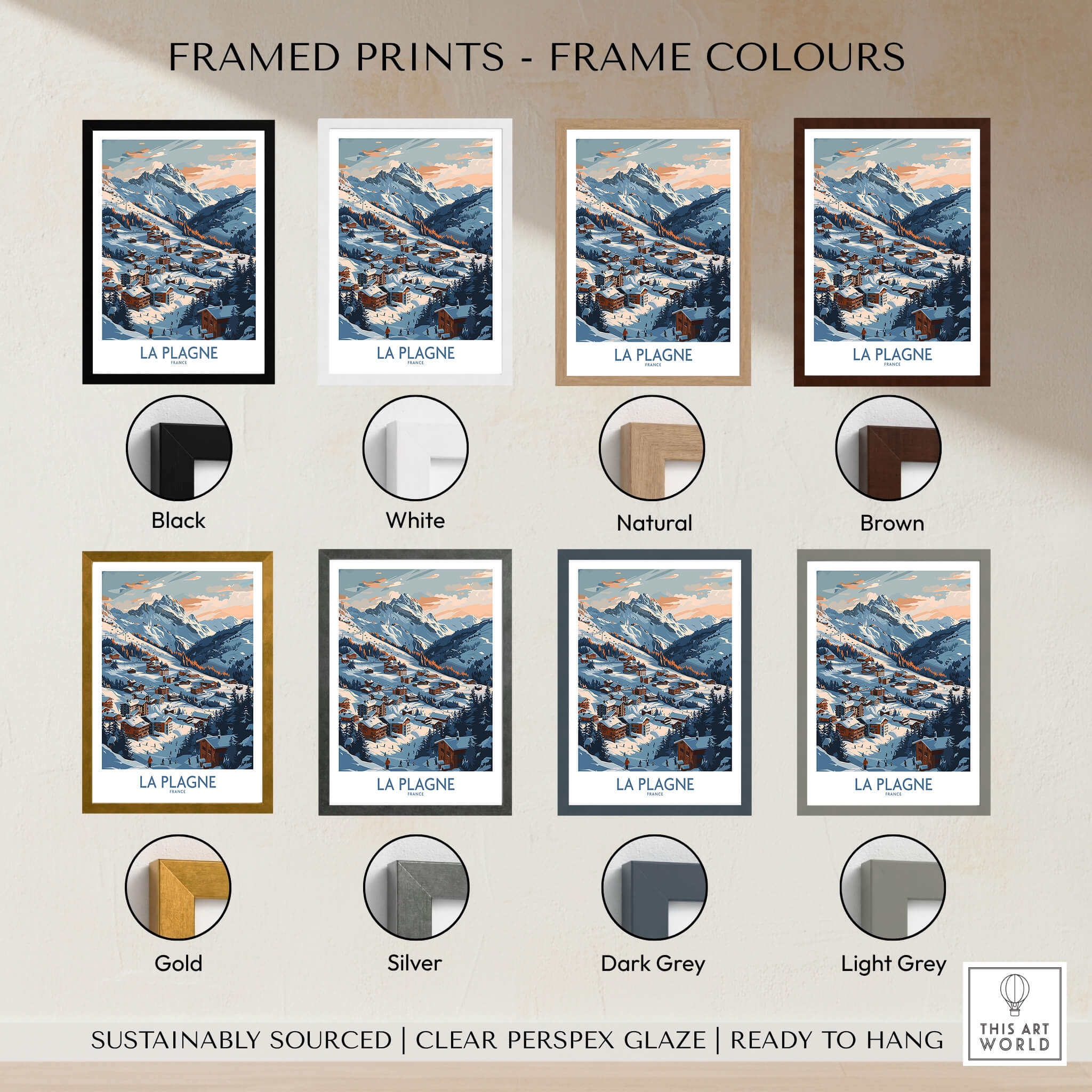 La Plagne Wall Art framed prints in various colors including black, white, natural, brown, gold, silver, dark grey, light grey.