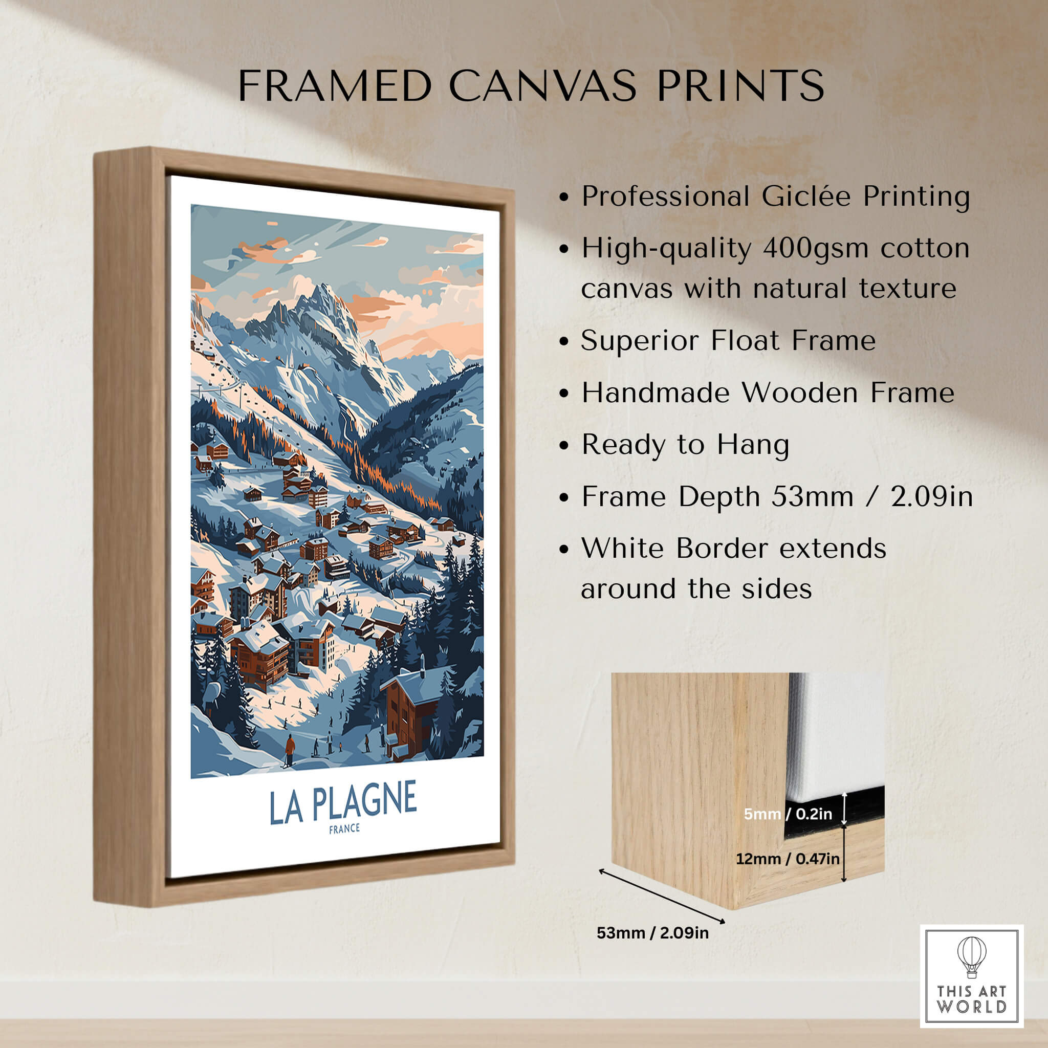 La Plagne Wall Art framed canvas print showcasing a vibrant ski scene with a beautiful mountain backdrop.