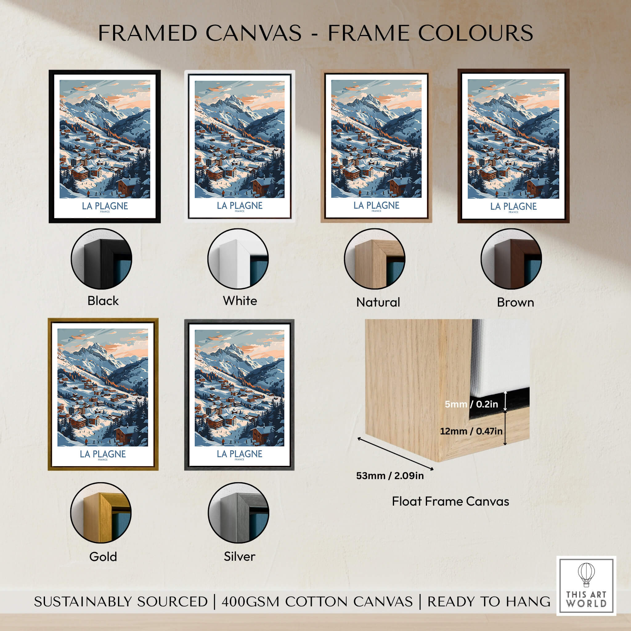 Various frame colors for La Plagne Wall Art showcasing black, white, natural, brown, gold, and silver options.