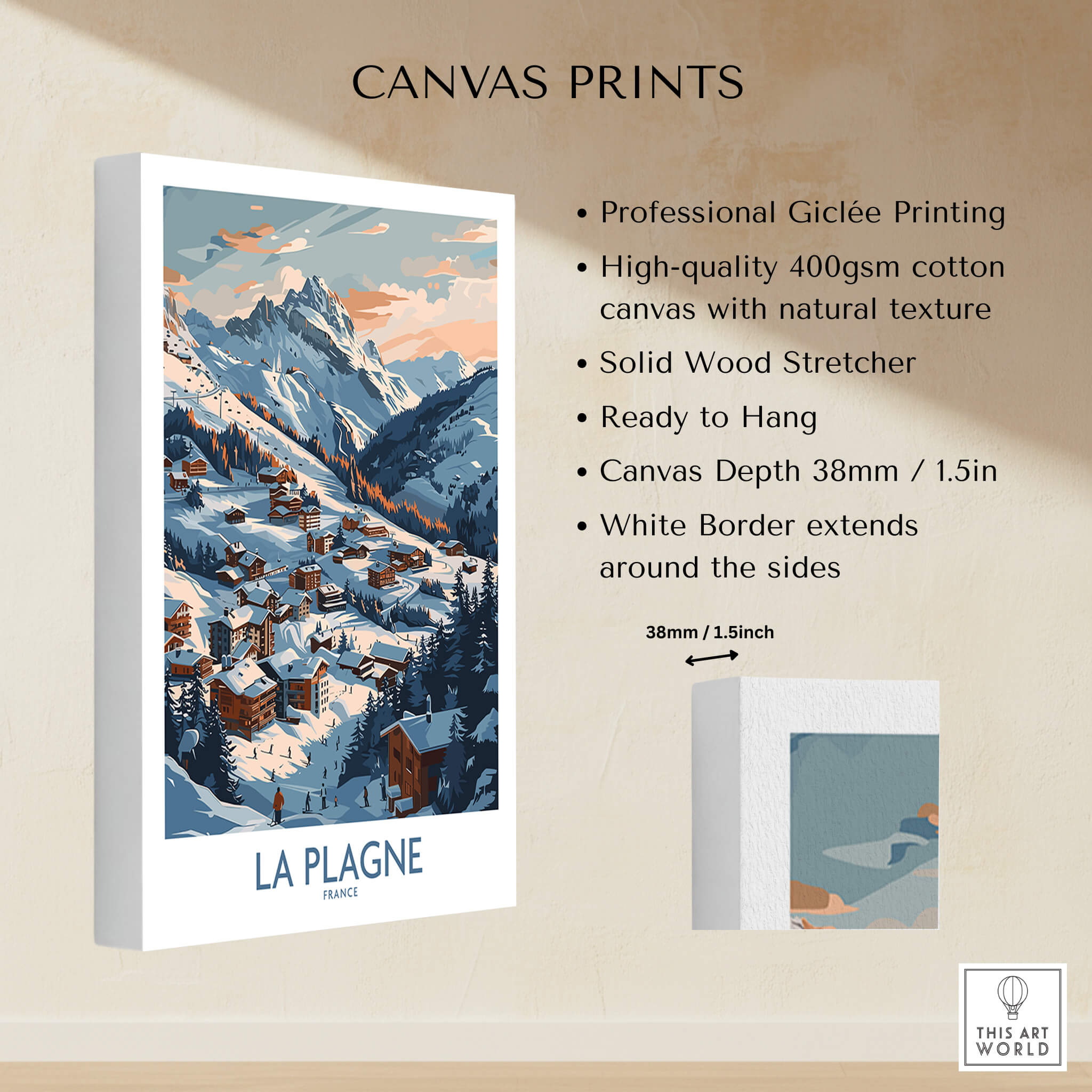 La Plagne Wall Art featuring a stunning ski poster in high-quality canvas print with natural texture.
