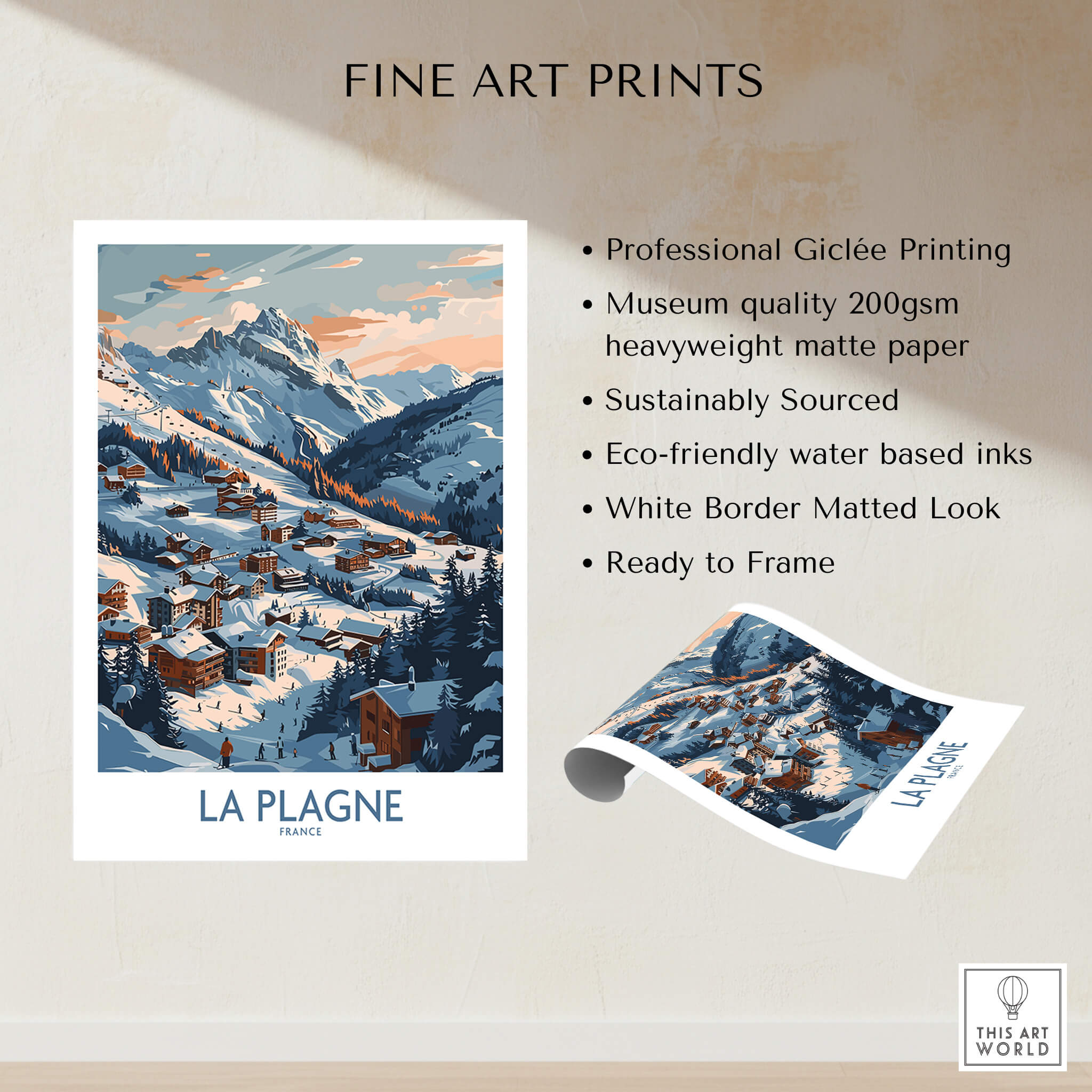 La Plagne Wall Art featuring a vibrant ski poster with mountains and snow, perfect for winter sports enthusiasts.
