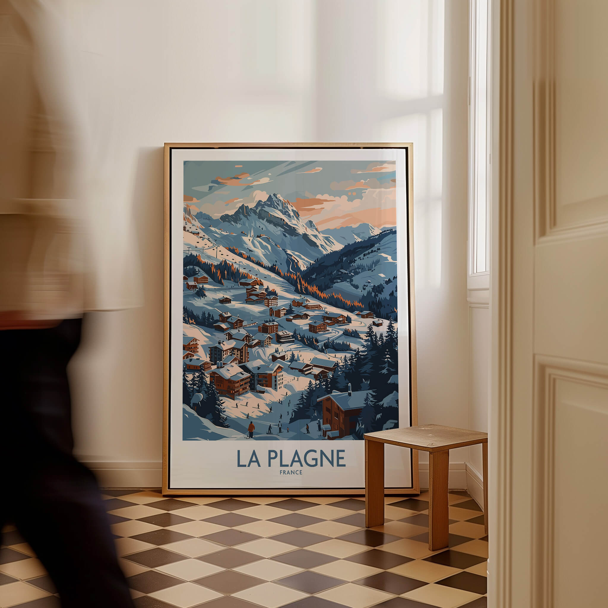 La Plagne Wall Art featuring a vibrant ski poster in a stylish interior setting.