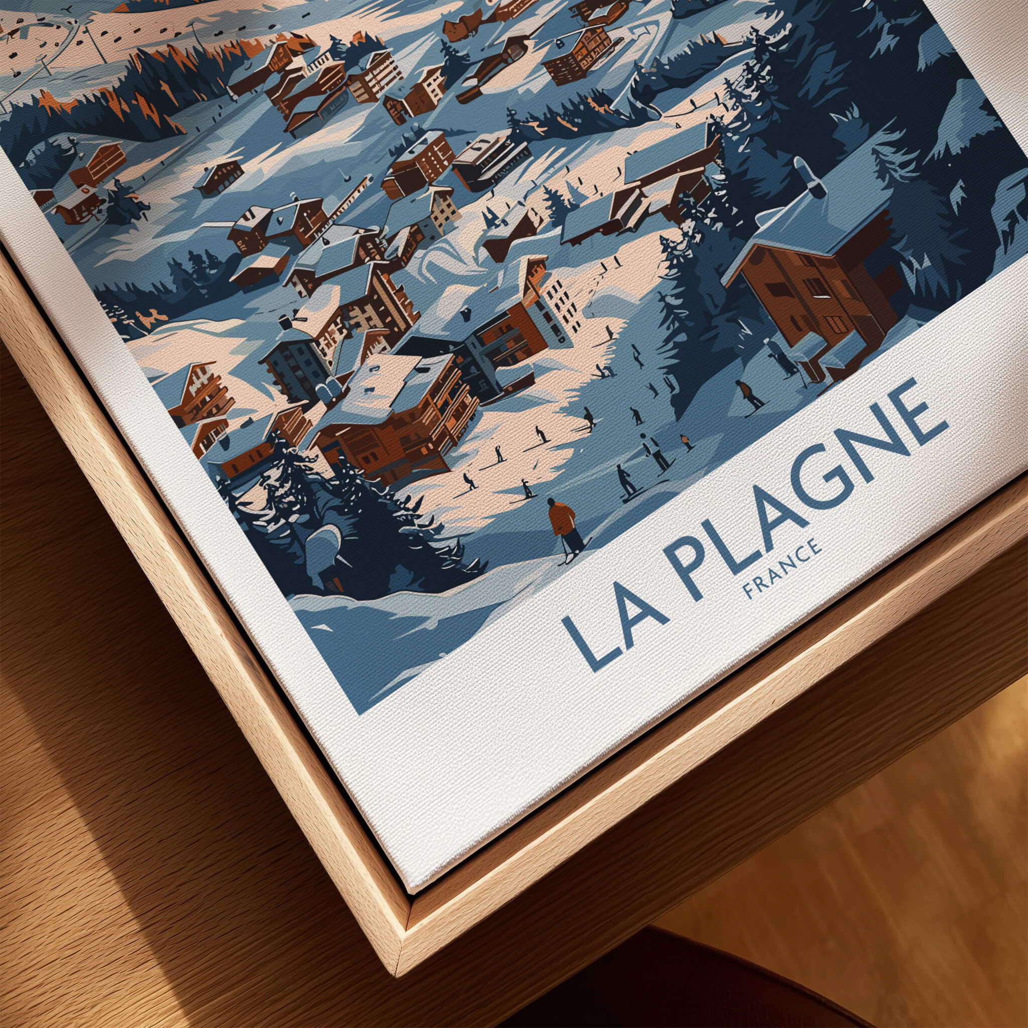 La Plagne Wall Art showcasing a vibrant ski scene with snow-covered buildings and mountains.