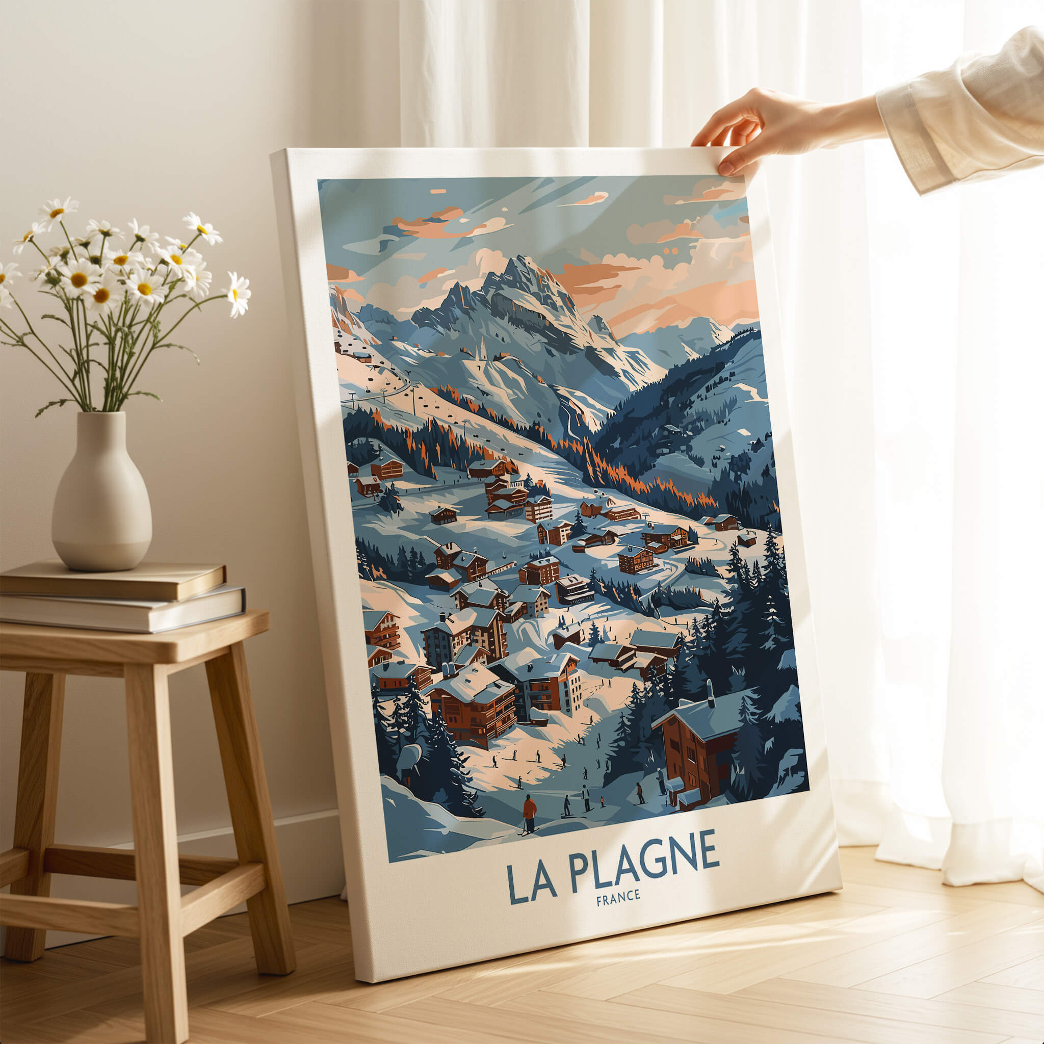 La Plagne Wall Art featuring a vibrant ski poster depicting the stunning landscape of La Plagne, France.