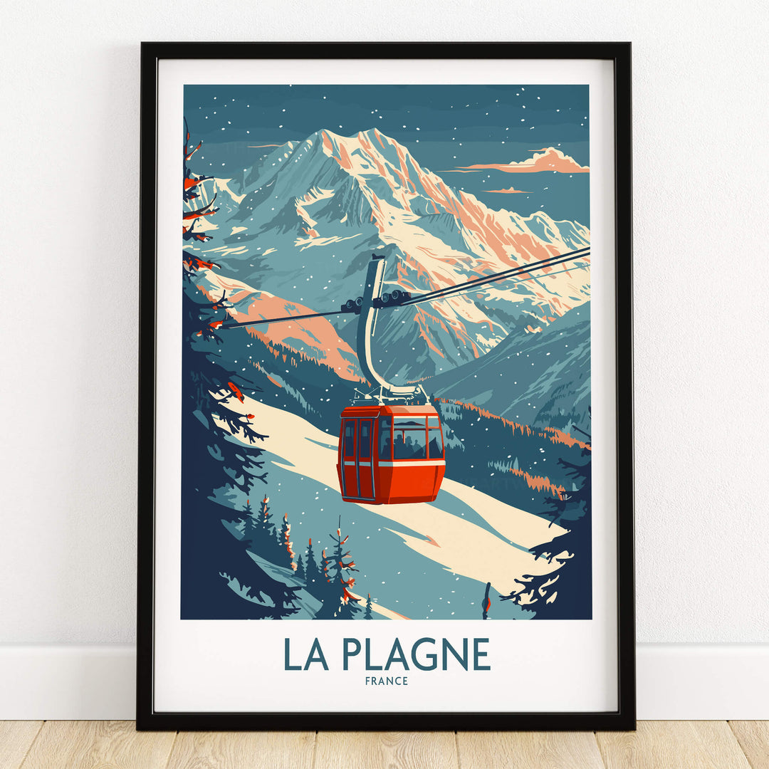 La Plagne Wall Art Ski Poster showcasing a gondola with stunning mountains in the background, perfect for ski enthusiasts.