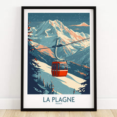 La Plagne Wall Art Ski Poster showcasing a gondola with stunning mountains in the background, perfect for ski enthusiasts.