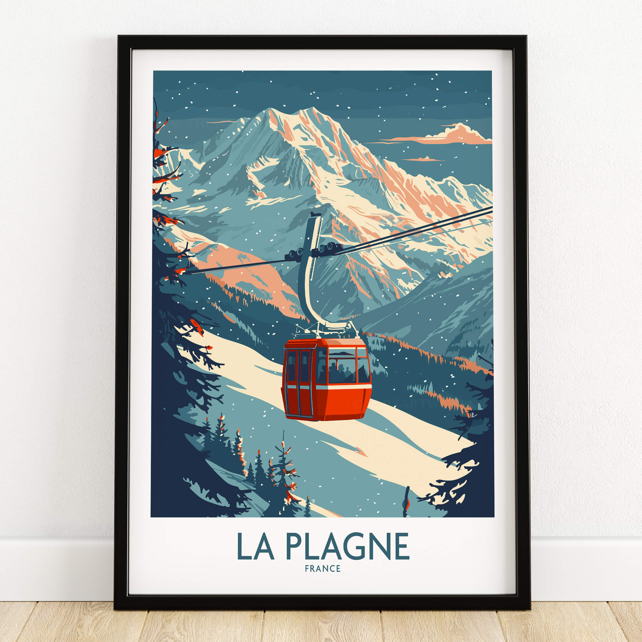 La Plagne Wall Art Ski Poster showcasing a gondola with stunning mountains in the background, perfect for ski enthusiasts.