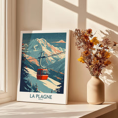 La Plagne Wall Art Ski Poster featuring a gondola in a scenic mountain landscape.