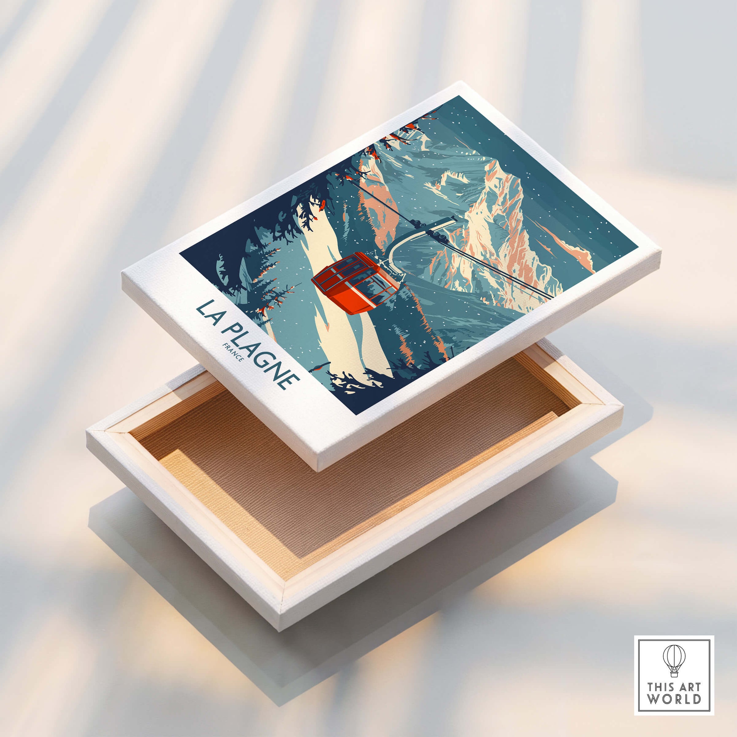 La Plagne Wall Art Ski Poster showcasing a ski lift and mountains, perfect decor for ski enthusiasts.