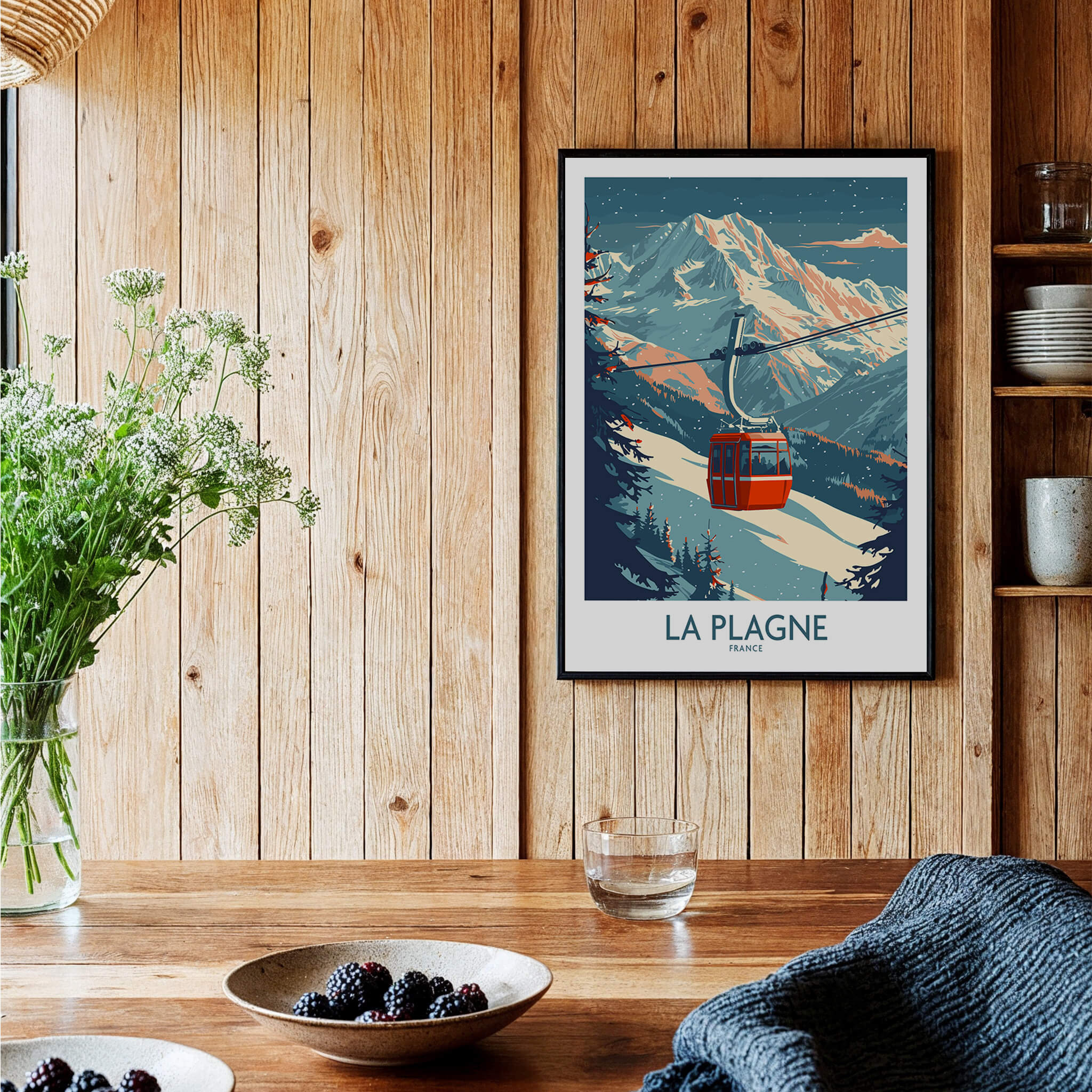 La Plagne Wall Art Ski Poster showcasing a vibrant ski scene with a gondola against a mountain backdrop.